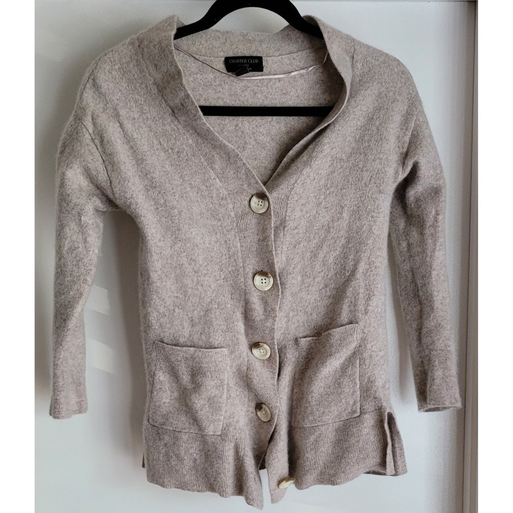 Charter Club Cardigan M Beige Cashmere Collared Long Sleeve Classic Sweater